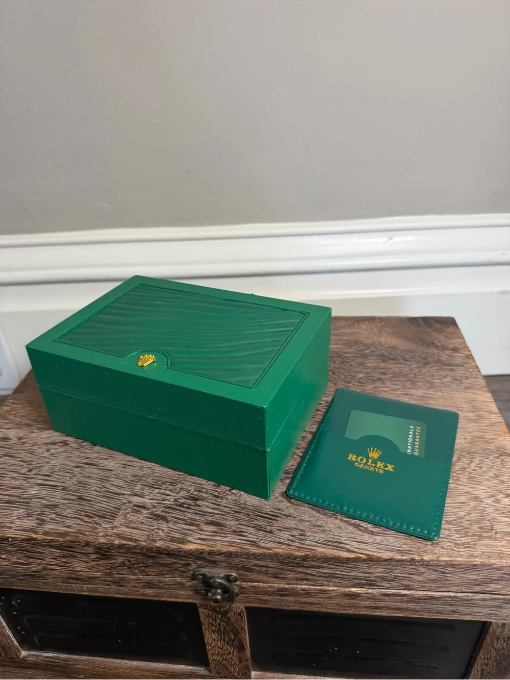 Rolex Green and Cream Watch Box with Matching Card Holder